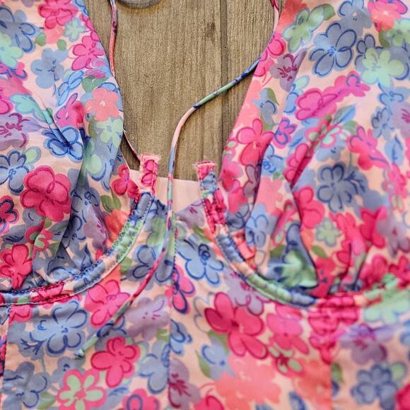 For Love & Lemons Angie Mini Dress Womens L Blue Pink Floral Corset Puff Sleeve - Picture 6 of 16